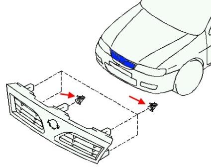 scheme of fastening of the radiator grille of the Nissan Almera N15 (1995-2000)